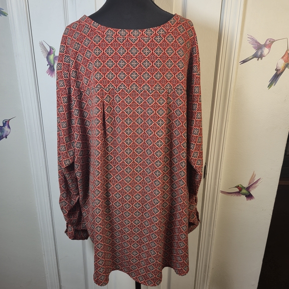 Liz Claiborne 3X Coral Black Geometric Tunic Top Roll Tab Sleeve Boho - Picture 5 of 7